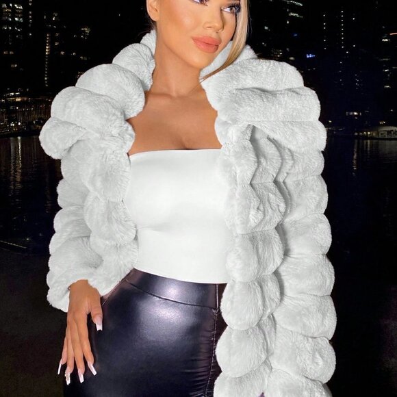 White Preppy Womens Open Front Fuzzy Jacket - Picture 2 of 5